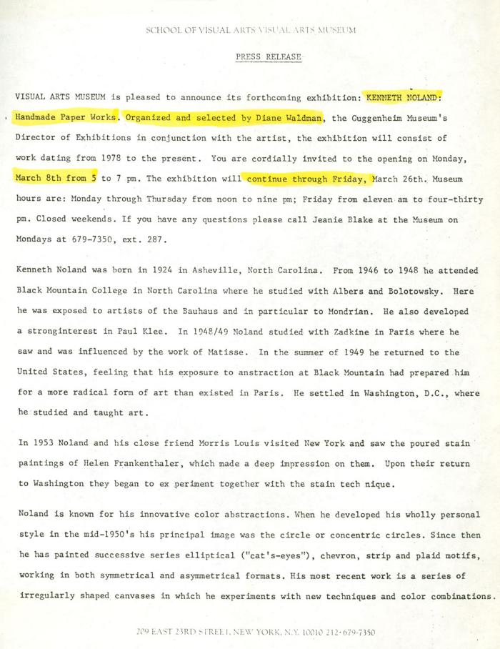 Press Releases depicts: Typewritten description of exhibition