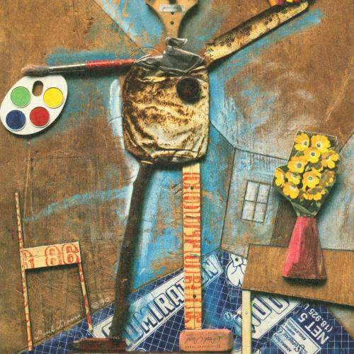 Announcements and invitations depicts: collage of an artist made out of paintbrushes