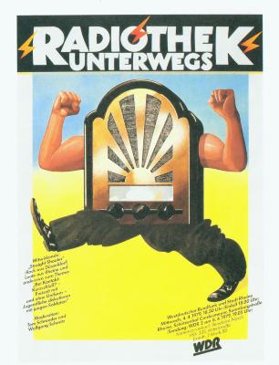 Posters depicts: Illustration of an old timey radio with legs and muscly arms