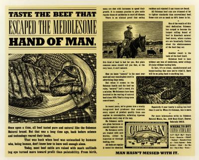 Advertisements depicts: Newspaper with three linocut illustrations, one of a steak being eaten, one of steaks on the grill, and one of a cowboy on a cattle ranch 