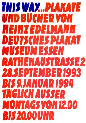 Posters depicts: "This way" is written in a blocky blue type, the rest of the text is written in a blocky red type