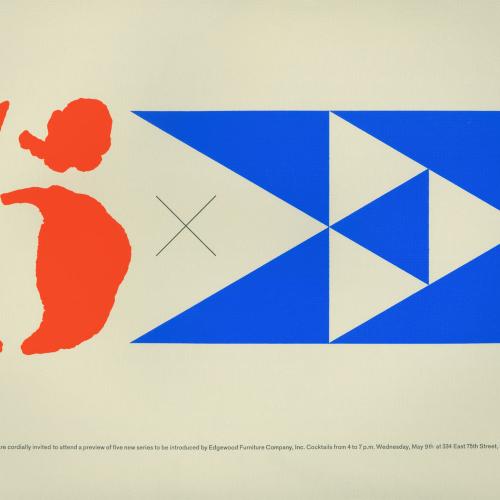 Posters, Logos and identities, Announcements and invitations depicts: Invitation to preview of new furniture lines at 334 East 75th street, showing a large red '5', multiplication sign, large blue Edgewood logo