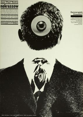 Posters depicts: Black and white man in a suit shown chest up, his head is on backwards so we only see the back, an eyeball has been collaged onto his head
