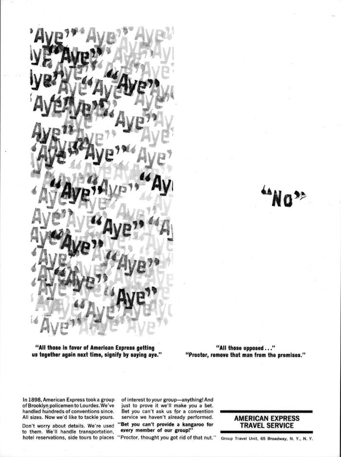 Advertisements depicts: The word "Aye" is stamped over and over again on the left side of the page, on the right, the word "No" is stamped once 