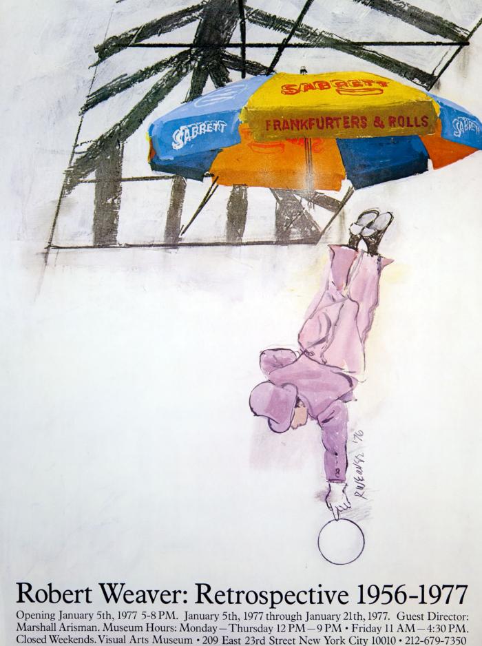 Posters depicts: Man in purple suit hanging upside-down from hotdog vendor umbrella