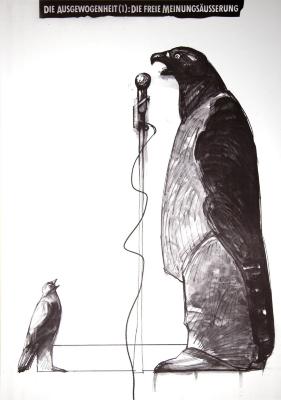 Posters depicts: Chalk and ink drawing of a figure with a birds head talking into a microphone, with a smaller bird figure down looking up at him