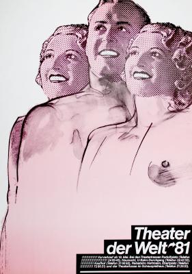 Posters depicts: Illustration of three figures in pink all smiling and looking up to the left