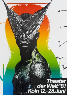 Posters depicts: Man chest up with two Chrysler buildings sticking out of his eyes, a rainbow colored patch behind him.