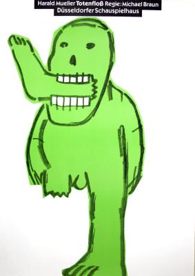 Posters depicts: Cartoon illustration of a green man with his leg ripped off, eating his leg 