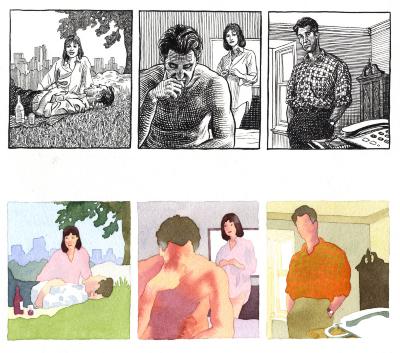 Original Art depicts: Two horizontal rows of three illustrations each, with both images' subjects matching each other, but the top being in black and white, and the bottom being colored. The first is of a man laying in the grass and a woman sitting up next to him, the second is of a front view of a man sitting on a bed turned away from a woman with only a shirt on in the background, the third is of a three quarters view of a man standing, looking sadly at a phone in the foreground.