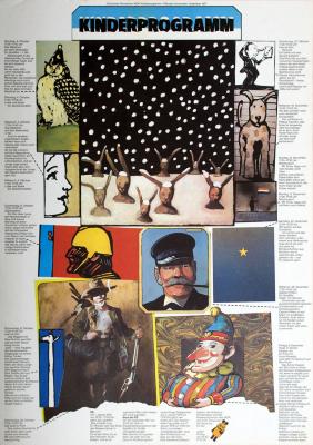 Posters depicts: Various painted illustrations, an owl wearing a hat, rabbits in the snow, a man smoking a pipe, a dog among other 