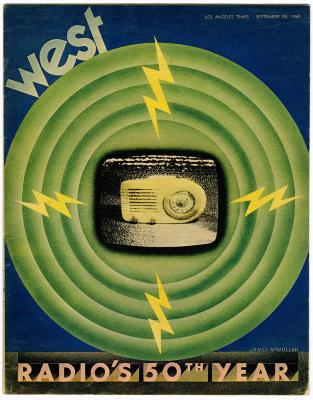 Clippings/Tearsheets depicts: Black and yellow radio in the middle of the image with rippling green circles around it. There is a lightening bolt on each side of the radio, with a blue background behind the green and text at the bottom.