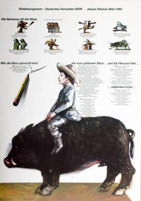Posters depicts: Painting of a boy riding on a boar, above are many smaller illustrations of figures and animals