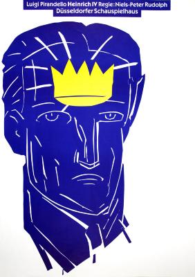 Posters depicts: Blue minimalist woodblock carving of a head with a yellow crown 