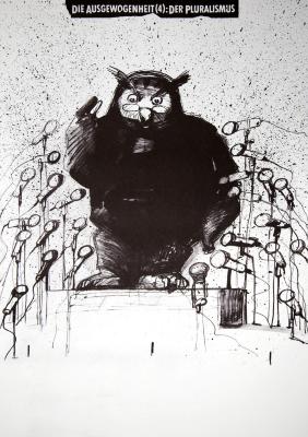 Posters depicts: Ink drawing of an owl wearing glasses speaking gesturally at a bunch of microphones 