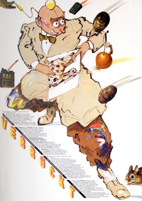 Posters depicts: Cartoon illustration of a man holding an image of a dog with collaged images of onions and tomatoes being thrown at him