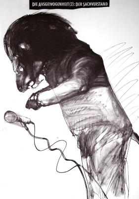 Posters depicts: Chalk and ink drawing of a human figure with a lion's head at a microphone
