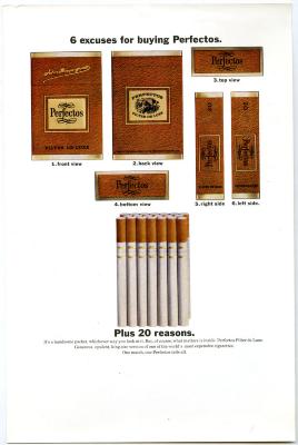 Advertisements depicts: 6 views of a pack of Perfectos brand cigarettes, top, bottom, side, etc. Beneath is a stack of 20 cigarettes 