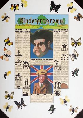 Posters depicts: Newspaper with illustrations of two British men, silhouettes of men with butterfly wings are all over the background