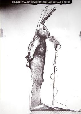 Posters depicts: Charcoal drawing of a human figure with a rabbit's head standing at a microphone 