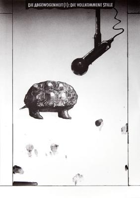 Posters depicts: Chalk and ink drawing of a turtle inside of its shell at a microphone 