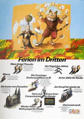 Posters depicts: Painting of a rat in a suit balancing an apple on his nose and a pierrot cat juggling and balancing things with its feet