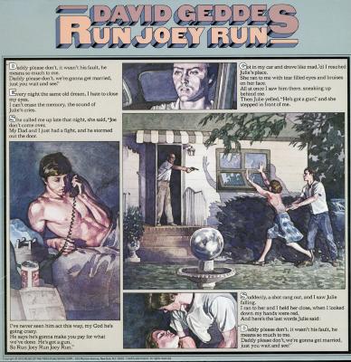 Album Covers depicts: Several illustrations, the top middle being a close up of a man's face, the middle left being of a shirtless man propped up on his elbow in bed talking on a corded phone, the middle right being of a woman running frantically to the door of a house where a man stands holding a pistol, and another man is pulling the woman back, the bottom image is of a man holding an unconscious woman laying on the ground. There is text in between each image.