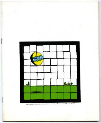 Serial Publications depicts: Illustration of blue and yellow ball in the upper left corner of the image and grass at the bottom with several trees in the distance. There is a black 8x8 grid over the illustration, making the illustration look as if it is made of tiles.