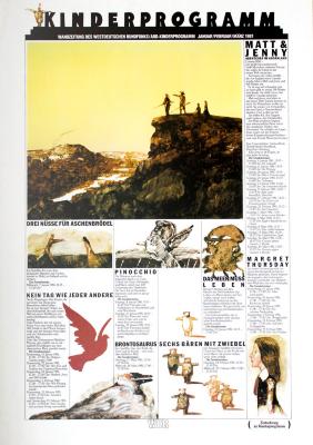 Posters depicts: Newspaper program with man illustrations of birds, bears people. The largest illustration shows four figures looking out over a cliff in a desert like landscape