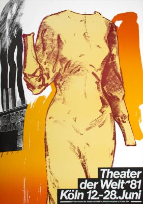 Posters depicts: Drawing of a torso wearing a dress with an orange patch and smokestacks behind it