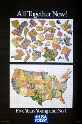 Posters depicts: US states broken up in parts in top half of poster, states united in the bottom half