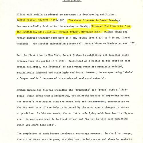 Press Releases depicts: Typewritten description of exhibition