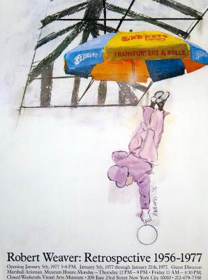 Posters depicts: Man in purple suit hanging upside-down from hotdog vendor umbrella