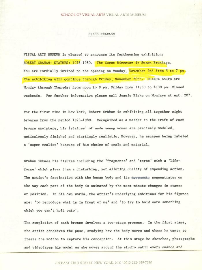 Press Releases depicts: Typewritten description of exhibition