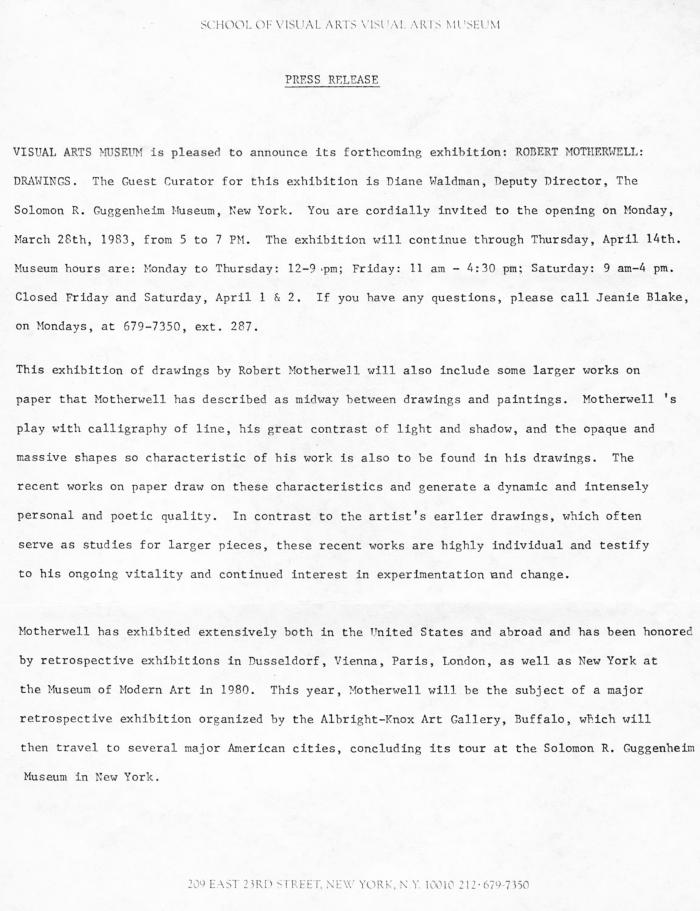 Press Releases depicts: Typewritten description of exhibition