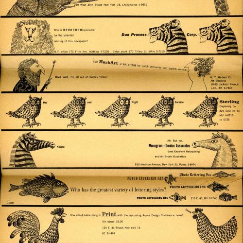 Serial Publications depicts: animals facing each other in profile including a zebra, lion, horse, tiger, chicken, and fish.