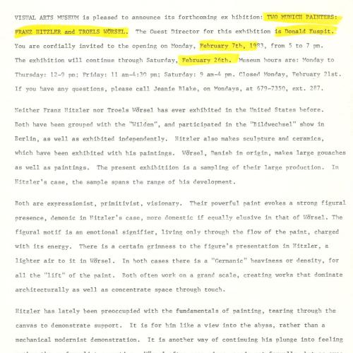 Press Releases depicts: Typewritten description of exhibition