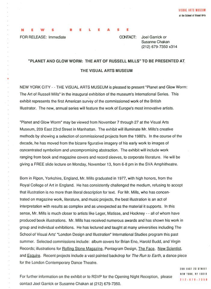Press Releases depicts: Typewritten document describing exhibition