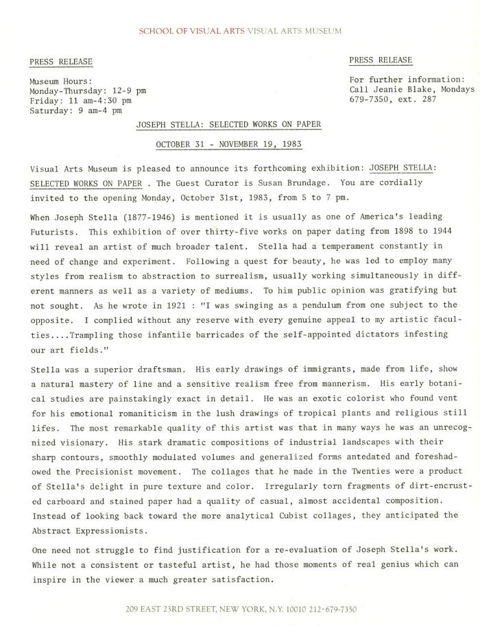 Press Releases depicts: Typewritten description of exhibition