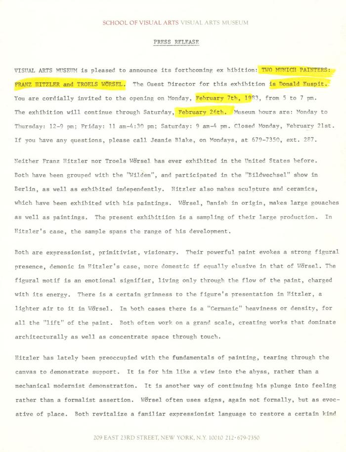 Press Releases depicts: Typewritten description of exhibition