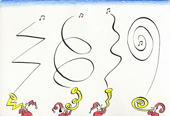 A drawing of four cartoon-like characters blowing trumpets of different design and producing an inked line that mirror the shape of their trumpets. A music note is at the end of each line.