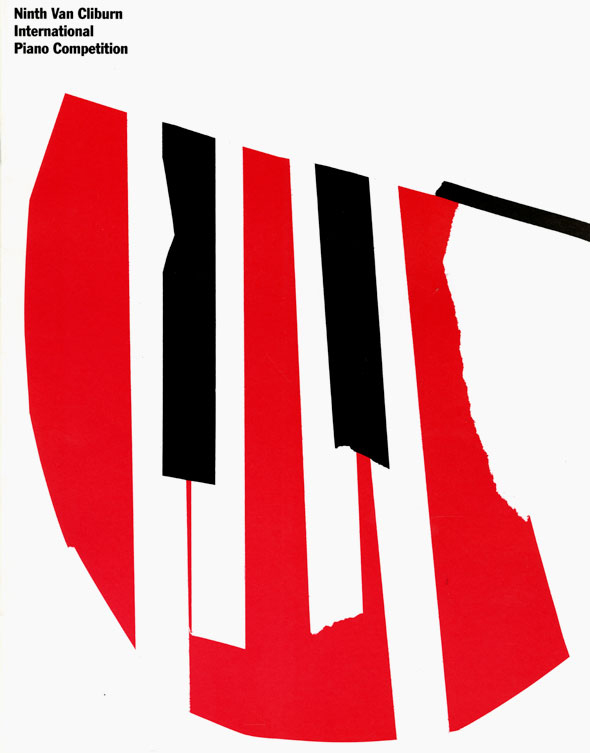 Abstract depiction of piano keys in red, black, and white.