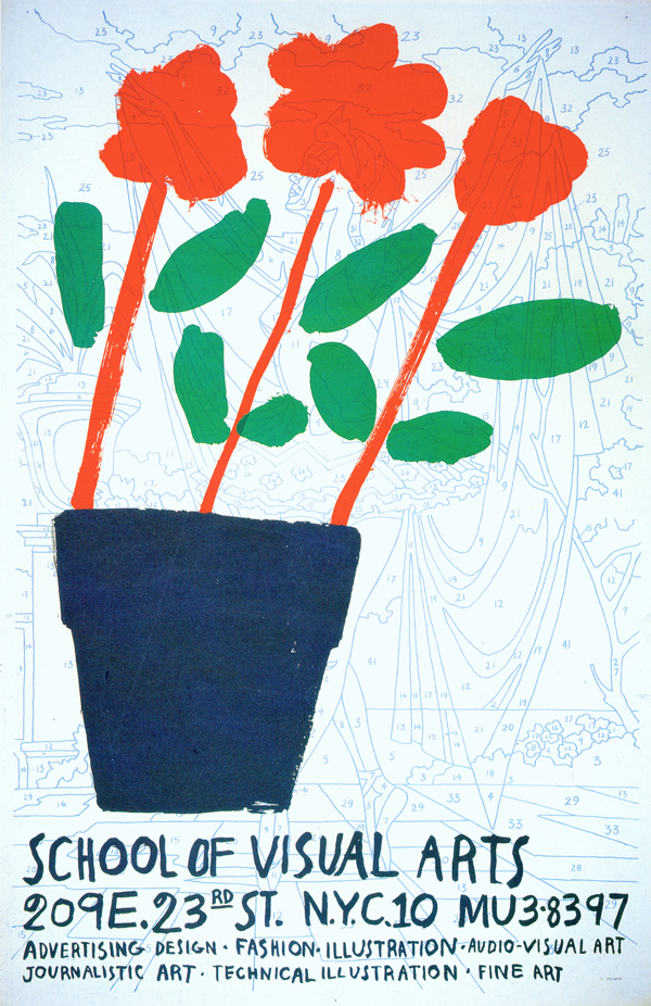 Poster of a potted plant of three bright red geraniums. Painted over an uncolored color-by-number design of a female dancer.