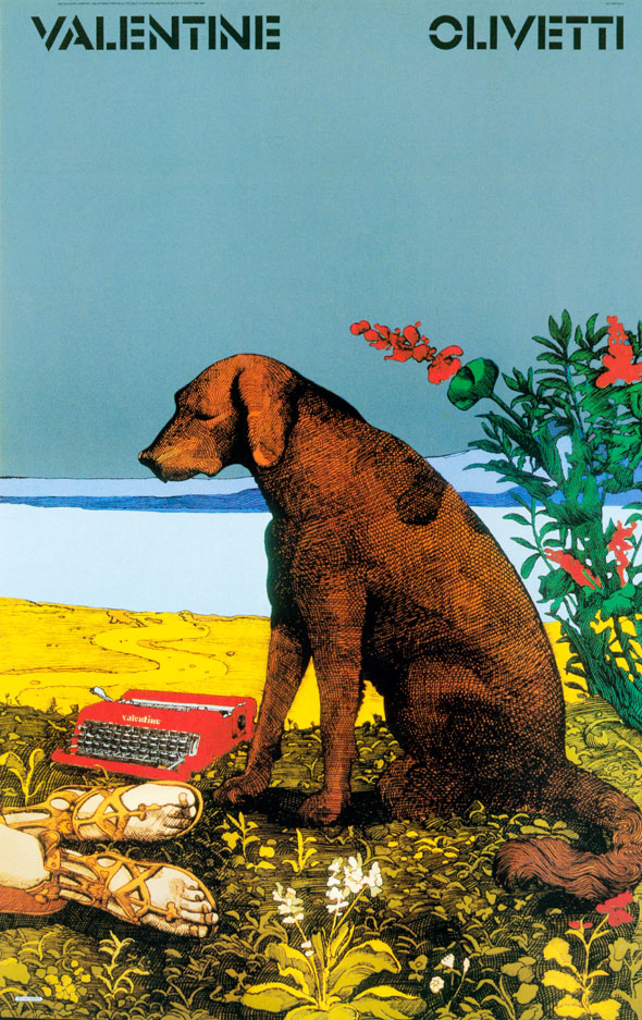 Detailed color illustration of a brown dog on a lush patch of meadow overlooking a beach; red flowers, a red typewriter, and human feet with gold sandals are visible.