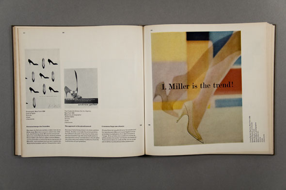 Book spread: left side contains black and white shoes in a grid, right side contains color photo of a woman wearing high heeled shoes against a wall of colorful blocks