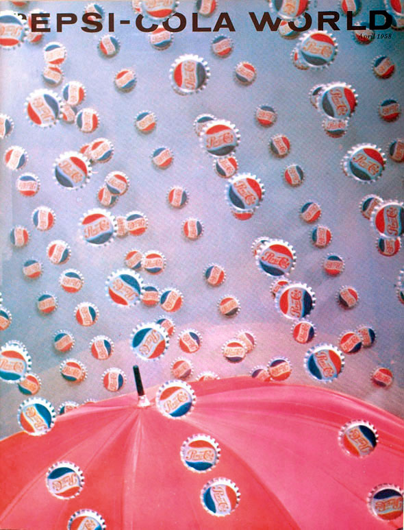 Color photograph of Pepsi-Cola bottle caps raining down on top of an umbrella