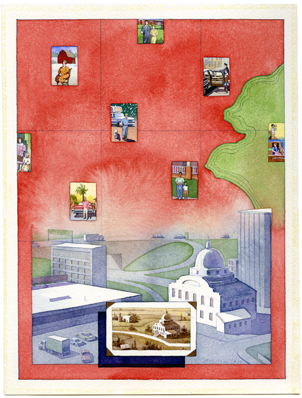 A water color illustration of a small city whose blue sky fades into a bright red color, taking up most of the page. Within the red backgrounds are tiny colorful rectangular illustrations of random people doing ordinary things, most are standing in front of a car or building. The ciry below is made of dull grey, blue, white and green colors. At the bottom is a an illustration which looks like a sepia photo of the town from the past.  