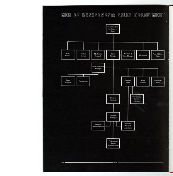 White-on-black decending flow chart. At the top in white outlined black text reads "Men of Management: Sales Department" 