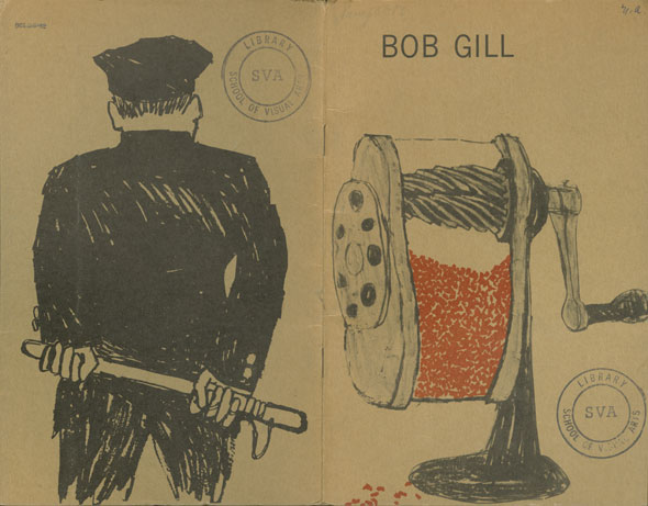 Illustrations for a mailer; left side is the back of a policeman holding a billy club; right side is a pencil sharpener full of red shavings