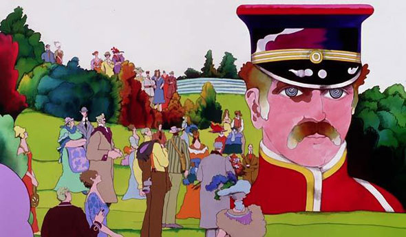 A frame still from the film "Yellow Submarine". The background is a watercolor illustration of a green valley adorned with fluffly green bushes. On the middle right is a huge man from the shoulders up. He has a cherry red old fashion captain uniform. huddled around him and throughout the valley are people with fancy dress wear looking at him. 